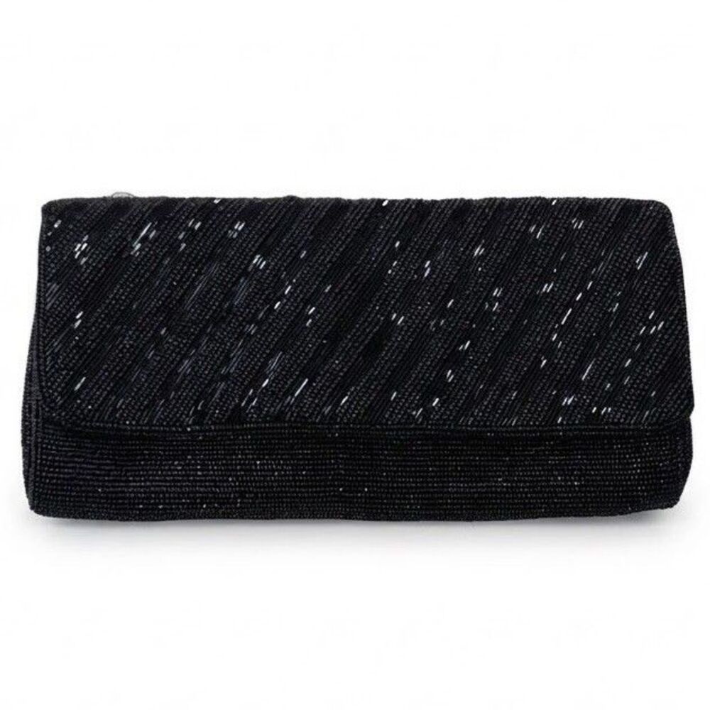 VTG Y2K Black Beaded Clutch Evening Bag Flap Purse Wedding Prom Cocktail Party